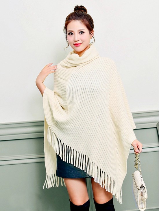 Soft Knitted Solid Poncho W/ Loose Turtle Neck & Fringe